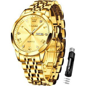Men Diamond Stainless Steel Luxury Analog Waterproof Wrist Watches -All Gold